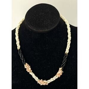 Vintage Freshwater Pearls Black Onyx Pink Coral Statement Bead Necklace 18"